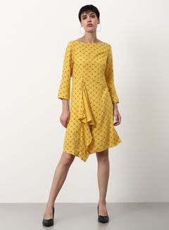 Buy Printed Regular Fit Knee Length Dress Yellow in UAE