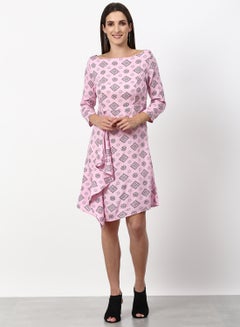 Buy Printed Regular Fit Knee Length Dress Pink in UAE