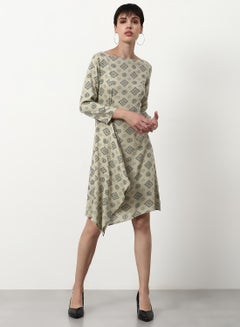 Buy Printed Regular Fit Knee Length Dress Olive in UAE