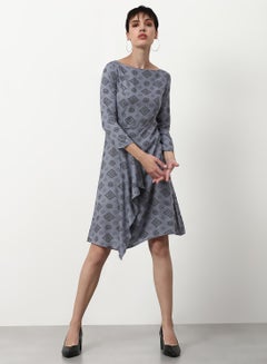 Buy Printed Regular Fit Knee Length Dress Grey in UAE