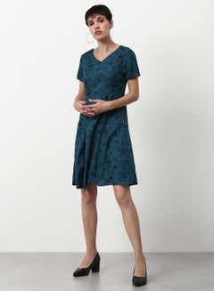 Buy Printed Regular Fit Knee Length Dress Blue in UAE