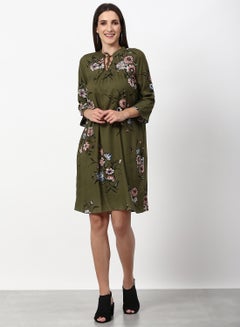Buy Floral Pattern Loose Fit Casual Tunic Mini Dress Olive in Saudi Arabia