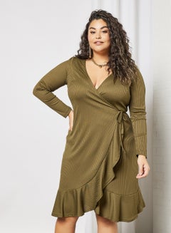 Buy Plus Size Wrap Mini Dress Dark Green in Saudi Arabia