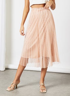 Buy Flock Print Midi Pleat Detail Skirt Pink in UAE