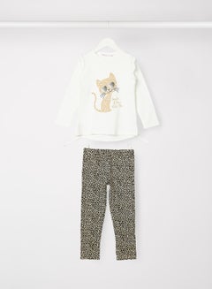 Buy Baby Girls Cat Print Top and Pants Set White/Black in UAE