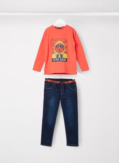 Buy Baby/Kids Graphic T-Shirt and Jeans Set Orange/Blue in UAE
