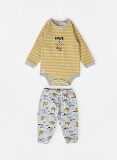 Buy Baby Striped Bodysuit and Pant Set Yellow/Grey in UAE