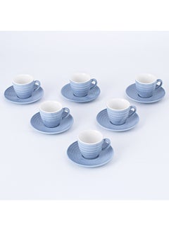 Buy 12-Piece Kiln Variable Glaze Process Round Linear Ceramic Cup And Saucer Set Blue/White 11x9x6.5cm in UAE