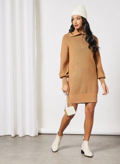 Buy Half-Zip Knitted Dress Brown in UAE