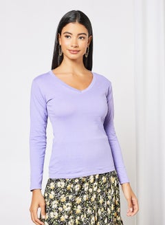 Buy Women's Basic V-Neck Cotton Biowashed Fabric Comfort Fit Stylish Design T-Shirt Purple in Saudi Arabia