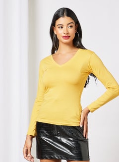 Buy Women's Basic Casual Comfortable V Neck Long Sleeves T-Shirt in Premium Bio washed Cotton Mineral Yellow in UAE