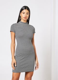 Buy Women's Casual Yarn Dyed Ribbed Striped Design Maxi Short Sleeve Knit Dress Grey/White in Saudi Arabia
