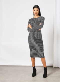 Buy Women's Casual Yarn Dyed Ribbed Striped Design Maxi Long Sleeve Knit Evening Maxi Dress Black/White in UAE