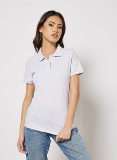Buy Women's Basic Casual Polo Neck Cotton Comfort Fit Half Sleeve T-Shirt Grey Melange in Saudi Arabia