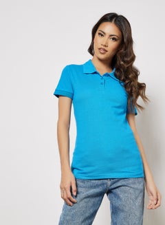 Buy Women's Basic Casual Comfortable Fit Polo Neck T-Shirt in Short Sleeves and in Premium Bio washed Cotton Ibiza Blue in UAE