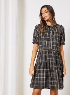 Buy Tiered V-Neck Mini Dress Black/Beige in UAE