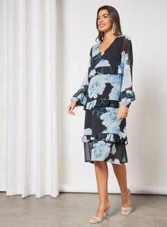 Buy Floral Print V-Neck Dress Blue Flower in UAE