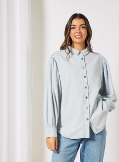 Buy Puff Sleeve Denim Shirt Light Blue in UAE