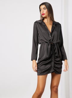 Buy Tie-Front Ruched Shirt Dress Black in Saudi Arabia