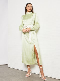 Buy High Neck Satin Dress Green in UAE