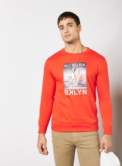 Buy Men Casual Comfortable Cotton Blend Long Sleeves Crew Neck Sweatshirt With Graphic Print Red in UAE