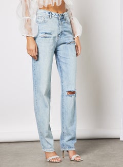 Buy Distressed Detail Straight Fit Jeans Light Blue in Saudi Arabia