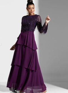 اشتري Embellished Tiered Round Neck Maxi Dress Purple في السعودية