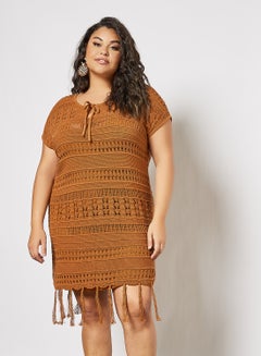 Buy Plus Size Openwork Knit Dress Brown in UAE