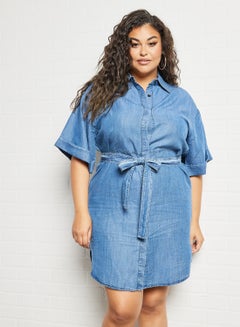 Buy Plus Size Denim Shirt Dress Blue in UAE