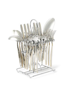 Buy 39-Piece Stainless Steel Cutlery Set Includes 6xDinner Spoon, 6xDinner Fork, 6xTea Spoon,6xCake Fork, 6xFruit Knife, 6xIce Spoon, 1xSoup Ladle, 1xRice Server, 1xCutlery Stand Silver in UAE