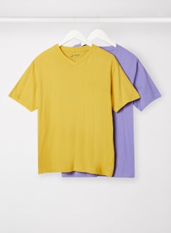 Buy Pack Of 2 Men's Basic V-Neck Cotton Biowashed Fabric Comfort Fit Stylish Design T-Shirt Lime Yellow/Lilac in Saudi Arabia