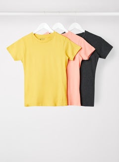 Buy Women's Basic Solid Pack of 3 T-Shirts Crew Neck Short Sleeves in Premium Bio washed Cotton Mineral Yellow/Pink/Charcoal Melange in Saudi Arabia