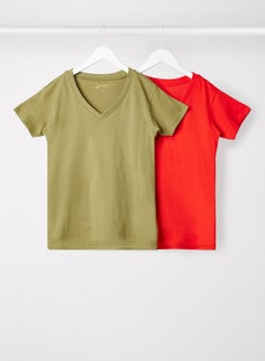 Buy Women Pack Of 2 Casual Basic Comfort fit V-Neck Cotton Biowashed Fabric Short Sleeves T-Shirt Red/Olive in UAE