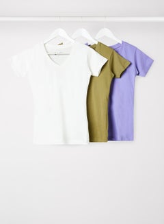 Buy Women's Basic Pack of 3 T-Shirt V Neck Short Sleeves in Premium Bio washed Cotton Olive/Purple/Vaporous Grey in Saudi Arabia
