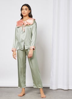 Buy Satin Top and Pants Set Green in UAE
