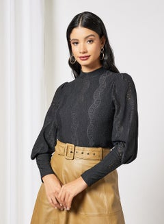 Buy Broderie Anglaise High Neck Top Black in UAE