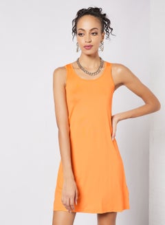 Buy Women's Casual Polyester Blend Sleeveless Mini Tank Knit Dress With Scoop Neck Orange in UAE