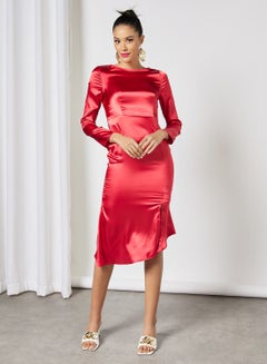 Buy Women's Casual Satin Design Long Sleeve Maxi Dress Red in Saudi Arabia