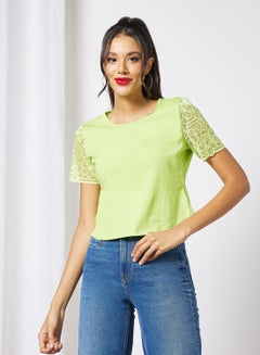 Buy Women's Casual Lace Detail Short Sleeve Cotton Blend Tops With Round Neck Green in UAE