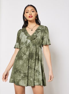 Buy Ruffled Neckline Mini Dress Green in Saudi Arabia