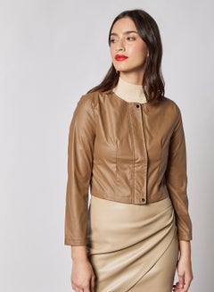 Buy PU Solid Design Casual wear Long Sleeves Jacket Brown in Saudi Arabia