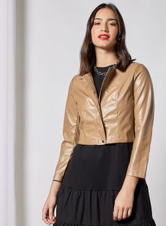 Buy PU Solid Design Casual wear Long Sleeves Jacket Light Brown in UAE