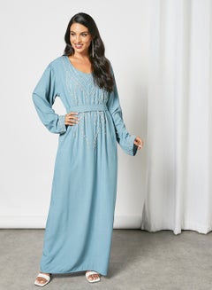 Buy Beaded Flowing Seaweed Scoop Neck Jalabiya With Belt Blue in UAE