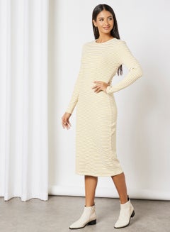Buy Women's Casual Yarn Dyed Ribbed Striped Design Maxi Long Sleeve Knit Evening Maxi Dress White/Yellow in UAE