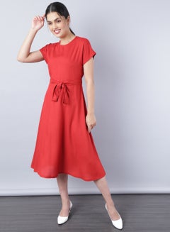 Buy Short Sleeve Midi Dress Red in UAE