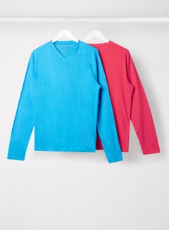 Buy Pack Of 2 Men's Basic V-Neck Cotton Biowashed Fabric Comfort Fit Stylish Design T-Shirt Ibiza Blue/Red in Saudi Arabia