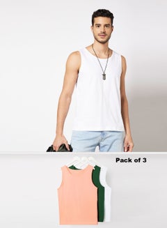 Buy 3 Pack Of Men’s Designer Modern Fit Solid Innerwear Vest Dark Green/Pink/White in UAE