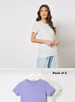 Buy Women Pack of 2 TShirts Crew Neck Short Sleeves Comfort Fit Biowashed Premium Cotton Purple/Grey Melange in Saudi Arabia