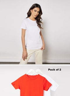 Buy Pack Of 2 Women's Basic Crew Neck Cotton Biowashed Fabric Comfort Fit Stylish Design T-Shirt Red/White in UAE