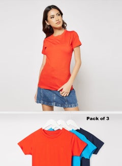 Buy Pack Of 3 Women's Basic Crew Neck Cotton Biowashed Fabric Comfort Fit Stylish Design T-Shirt Red/Blue/Dark Navy in Saudi Arabia